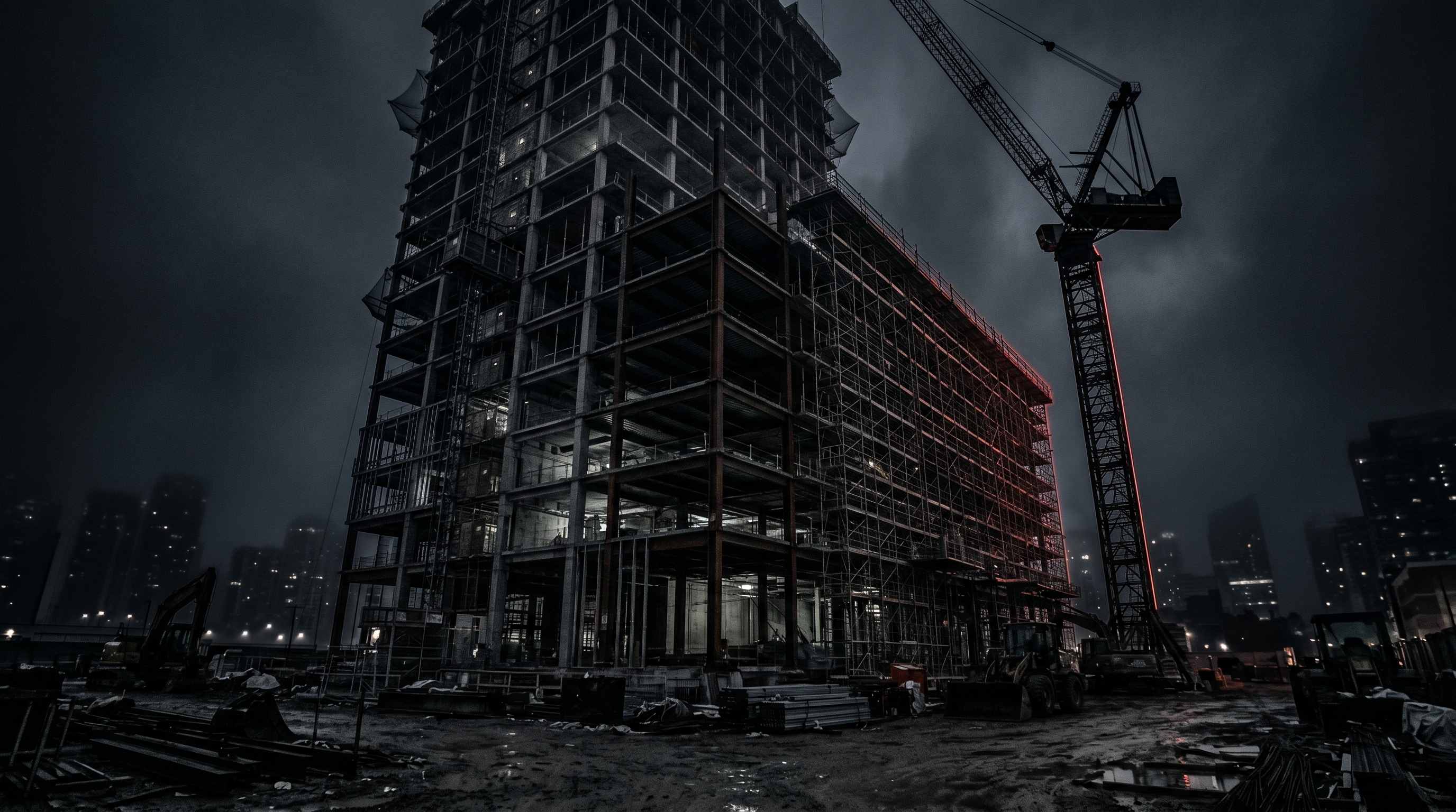 A high-rise construction site at dusk, scaffolding rim-lit by a red safety-scan glow