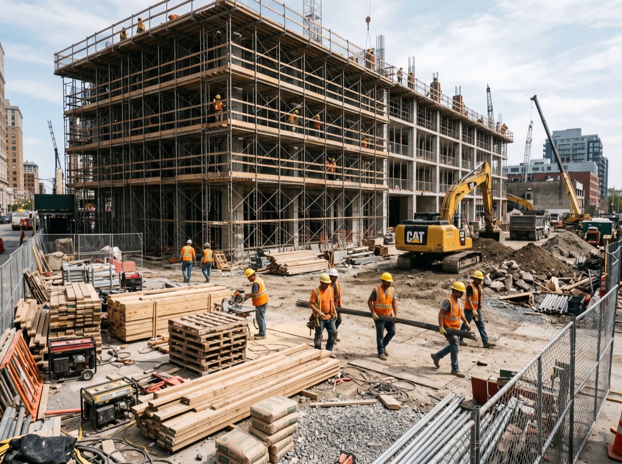 A busy construction site with workers, scaffolding, an excavator and stacked materials